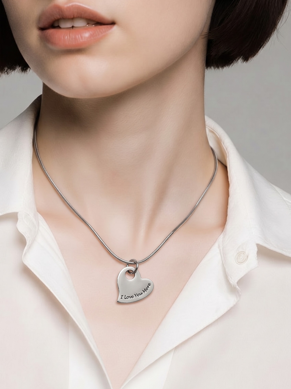 "I Love You More" silver Plated heart pendant necklace with engraved